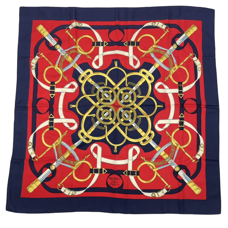 Hermes Carre 90 Scarf Eperon D'or Golden Spur 100% Silk Navy And Red