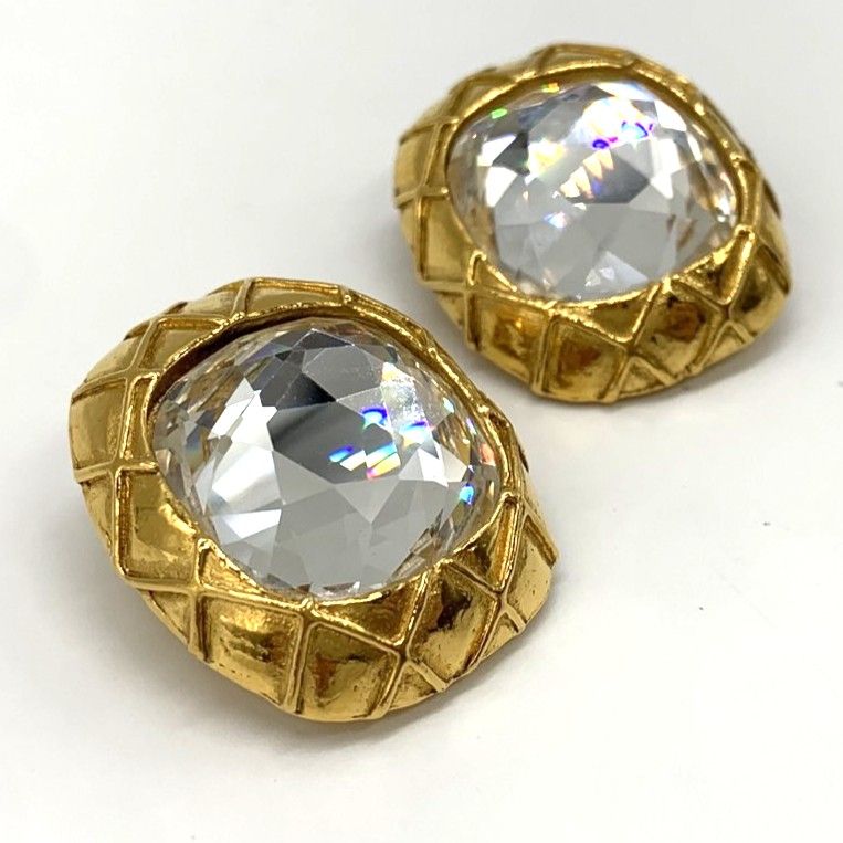Chanel Large Earring Matelasse Clear Stone Gold Accessories Women's Fashion