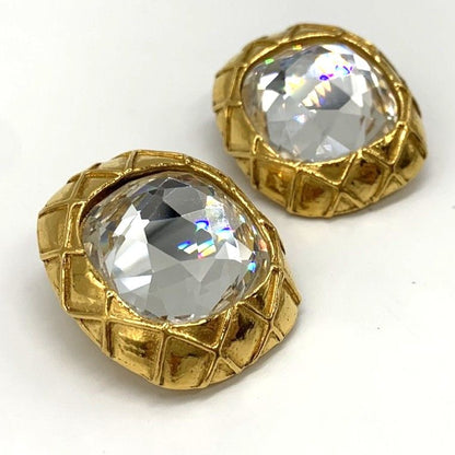 Chanel Large Earring Matelasse Clear Stone Gold Accessories Women's Fashion