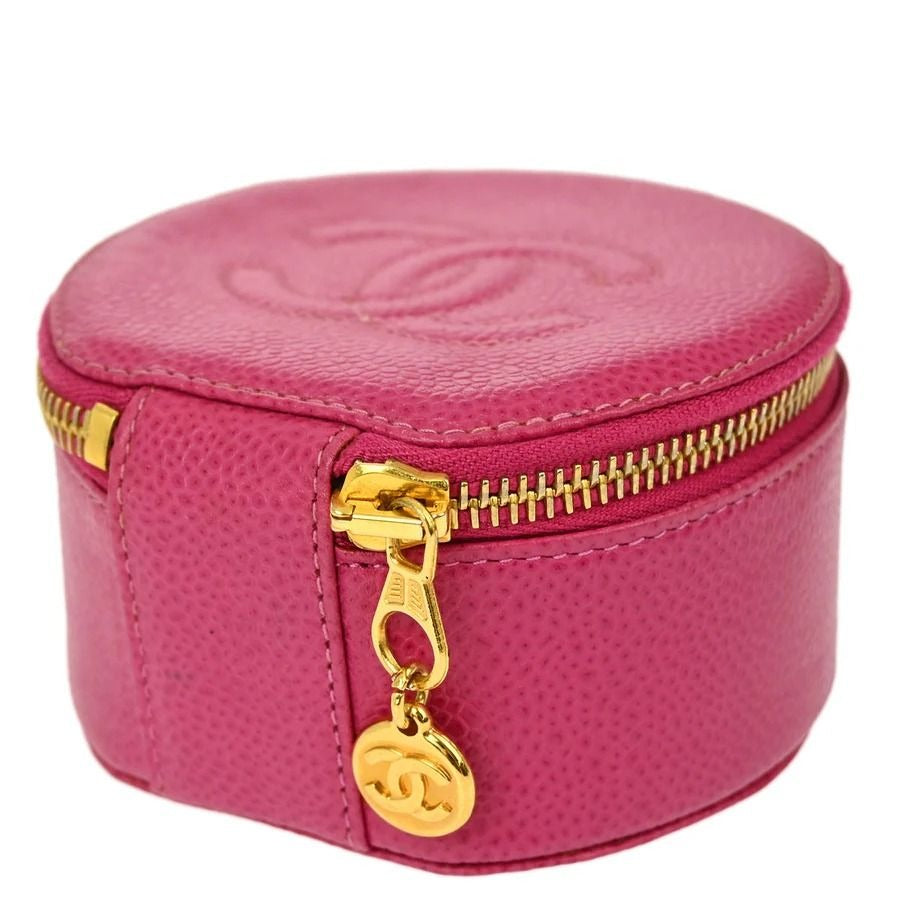 CHANEL CC Caviar Round Pouch Jewelry Travel Case Coin Purse Pink