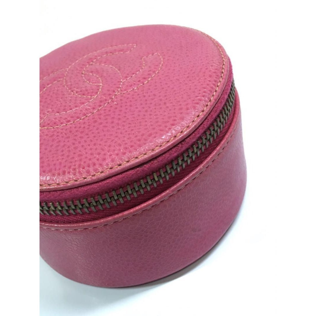 CHANEL CC Caviar Round Pouch Jewelry Travel Case Coin Purse Pink