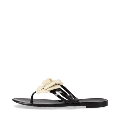 Chanel Coco Mark Camellia Rubber Sandals Women's 35 Black And White Made In