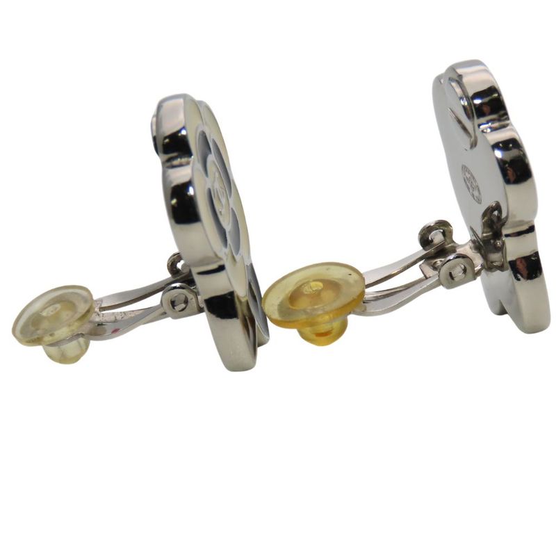Chanel Earring Coco Mark Metal Silver Black Cream Camellia 05P Accessories