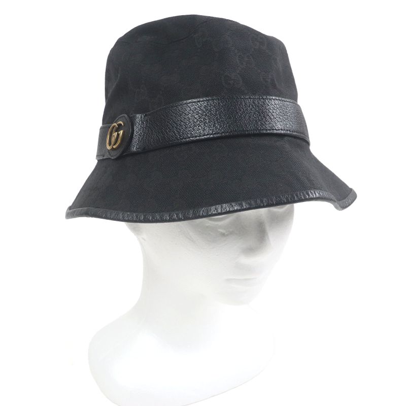 Gucci 576587 GG Canvas GG Marmont Logo Gold Hardware Bucket Hat Black L/59cm