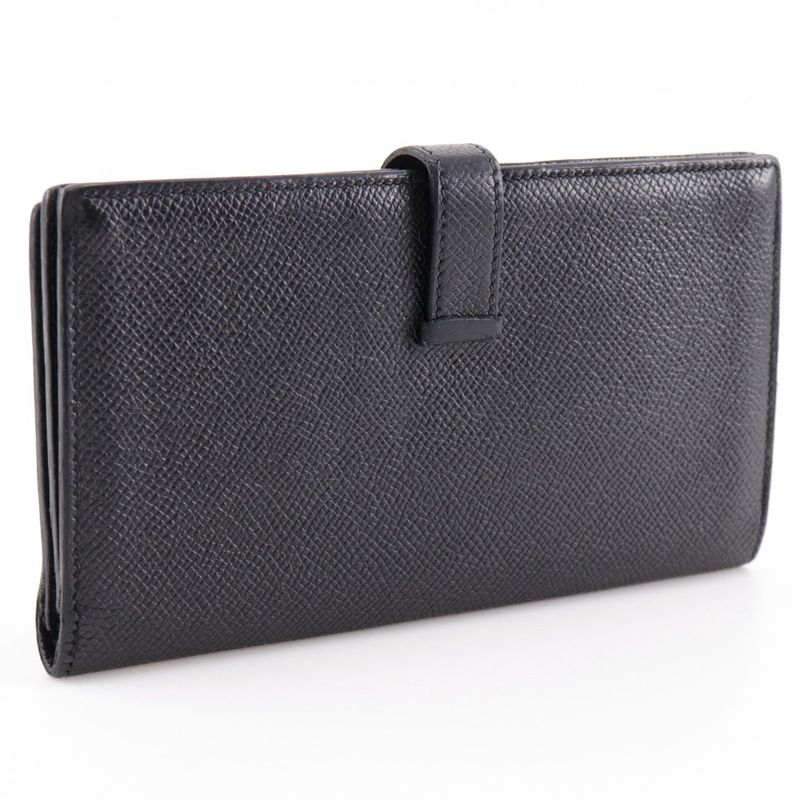 Hermes Bearn Courchevel Black/silver Hardware □O Unisex Long Wallet
