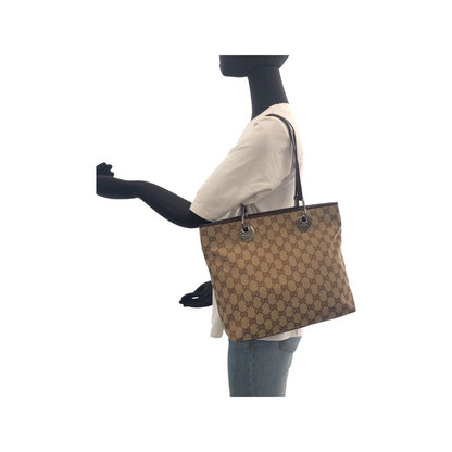Gucci Beige Brown Silver Hardware GG Canvas/leather 139552 Tote Bag Shoulder