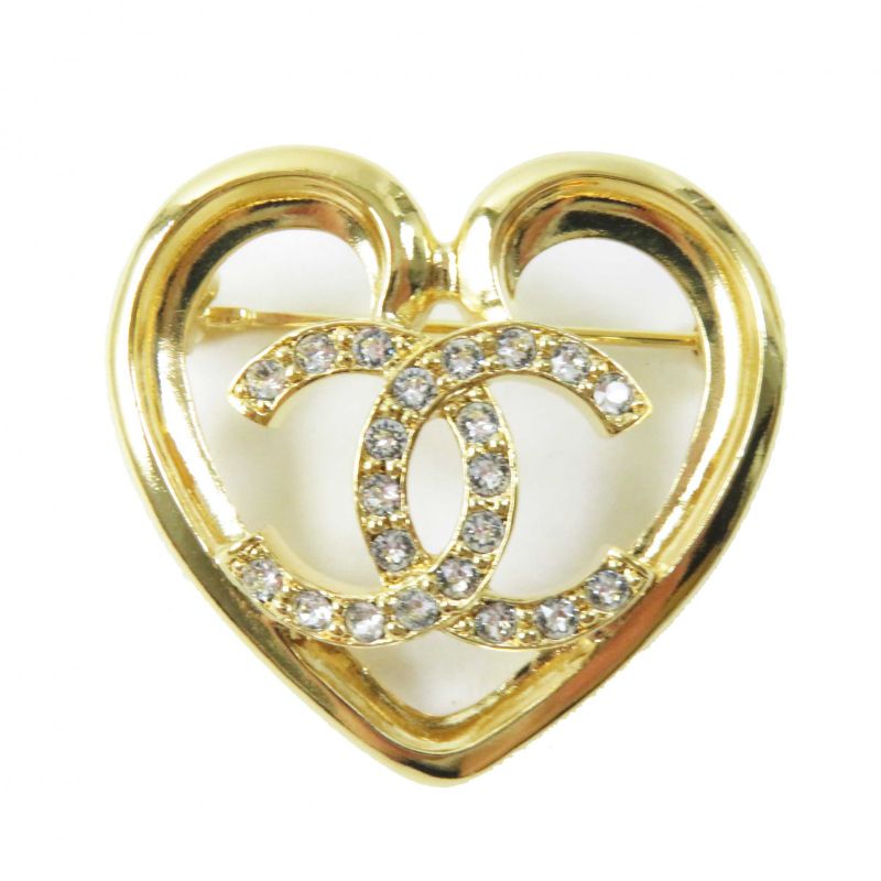 CHANEL F23C Coco Mark Heart Brooch With Rhinestones Gold With Box Ladies