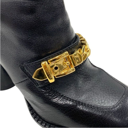 Gucci Boots Short Boots Shoes Leather Black Gold Chain Belt