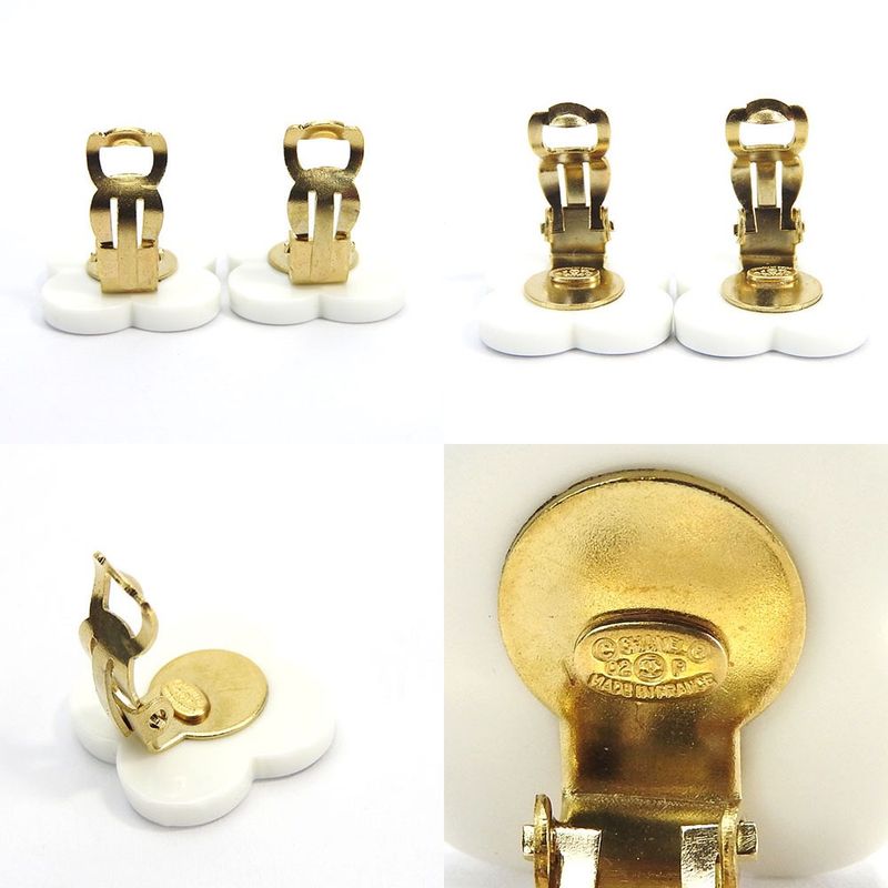 Chanel Earrings Coco Flower Motif Clover 02P Plated Gold White Black Jewelry