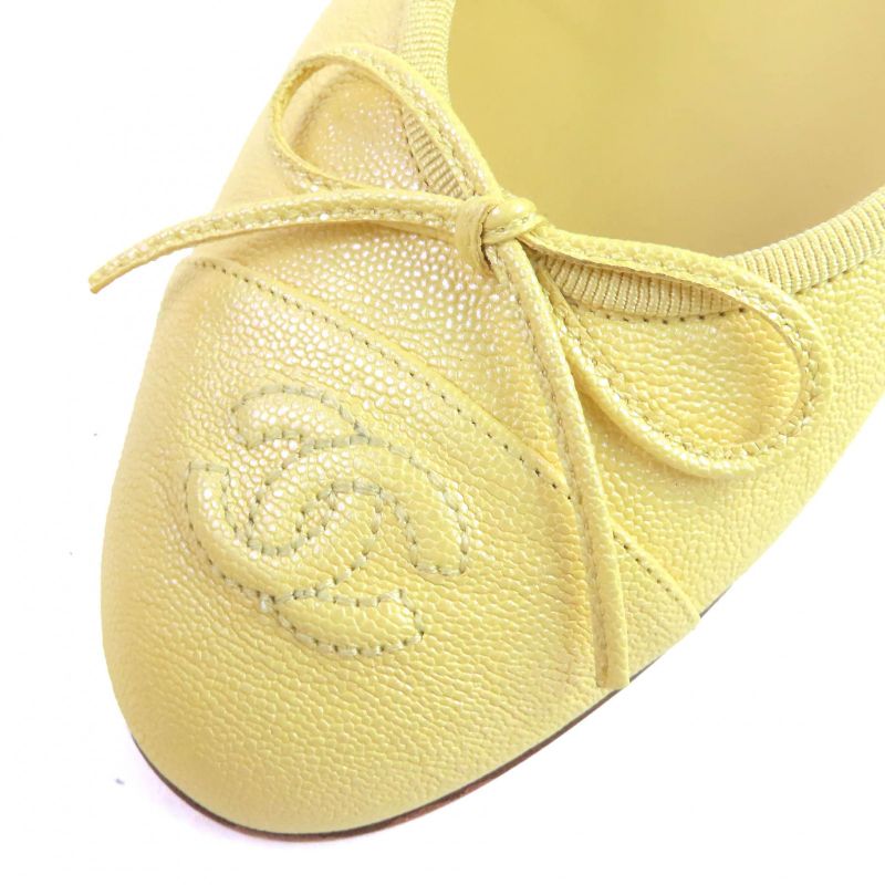 CHANEL 19S G02819 Ballerina Coco Mark Ribbon Leather Flat Pumps Shoes Yellow 37