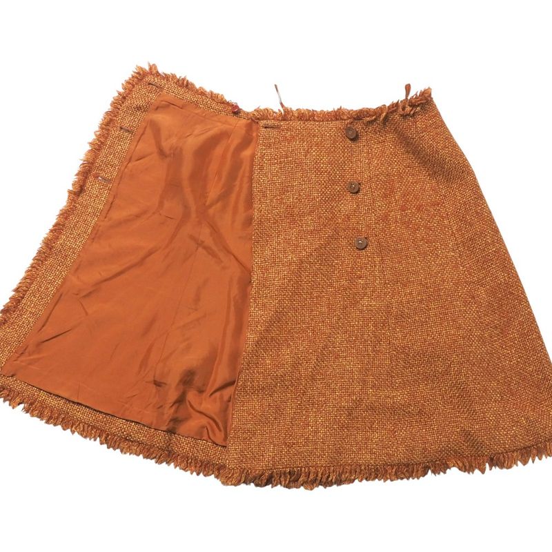 Chanel Skirt Size 34 01A CC Coco Mark Wood Button Tweed Fringe Knee Length Wrap