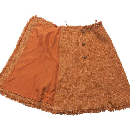 Chanel Skirt Size 34 01A CC Coco Mark Wood Button Tweed Fringe Knee Length Wrap