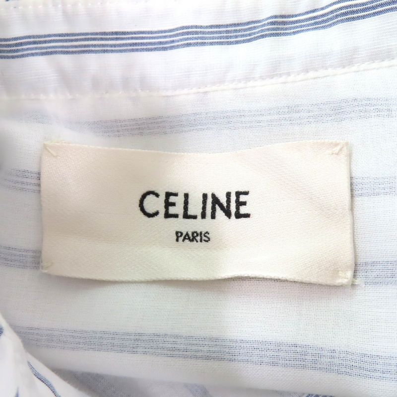 Celine 2r658077i Linen Blend Mini Prairie Stripe Ruffle Dress Shirt Dress White