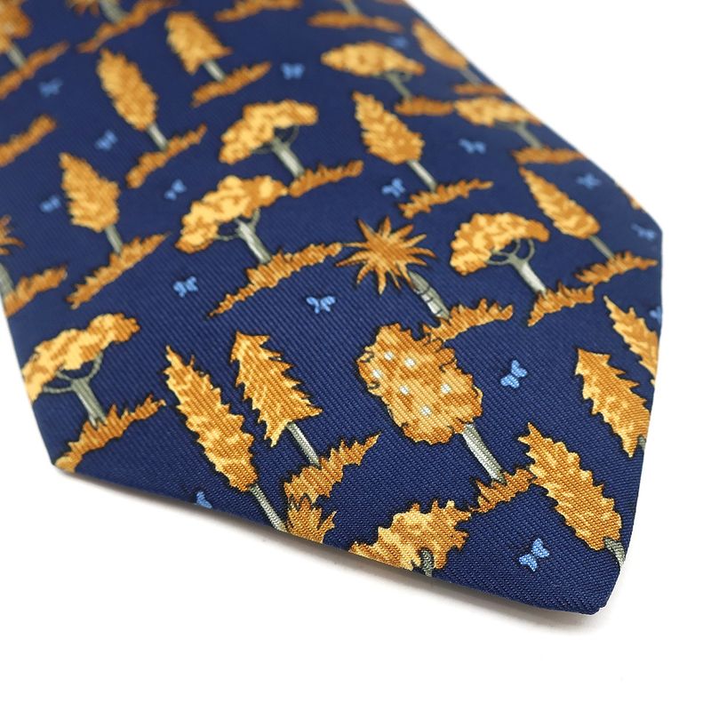 Hermes Tie with Botanical Pattern 8.5cm (3.35in) Silk Navy Blue and Orange Navy