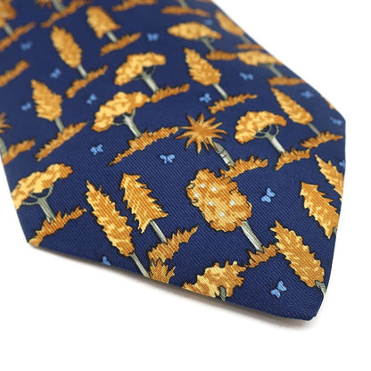 Hermes Tie with Botanical Pattern 8.5cm (3.35in) Silk Navy Blue and Orange Navy