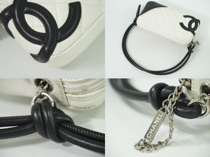 Authentic Chanel Coco Mark Cambon Line 2WAY Handbag Pouch Leather White Black