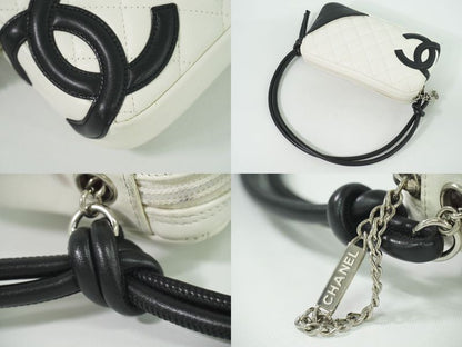 Authentic Chanel Coco Mark Cambon Line 2WAY Handbag Pouch Leather White Black