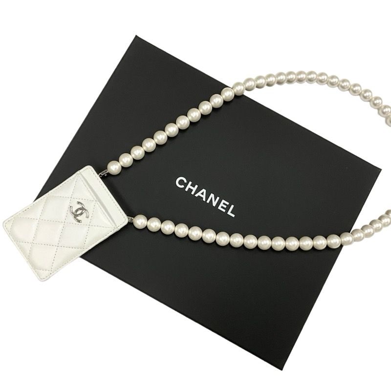 Chanel Card Case Card Holder Pass Case White Silver Coco Mark Charm Matelasse