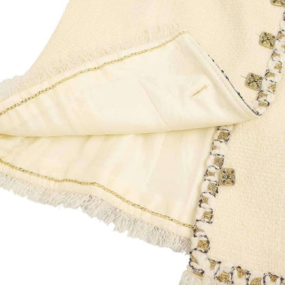Chanel Coco Mark Button Fringe Stand Collar Tweed Jacket P41436v28444 Ivory 44