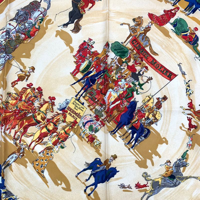 Hermes Carre 90 Cirque Molier Circus Yellow Scarf 100% Silk