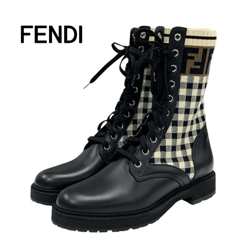 Fendi Rococo Boots Short Boots Shoes Leather Fabric Black Ivory Brown Zucca