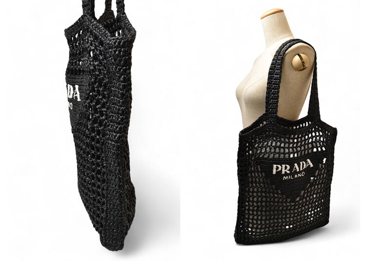 Prada Tote Prada Bag Logo Raffia Cago Black White 1bg393