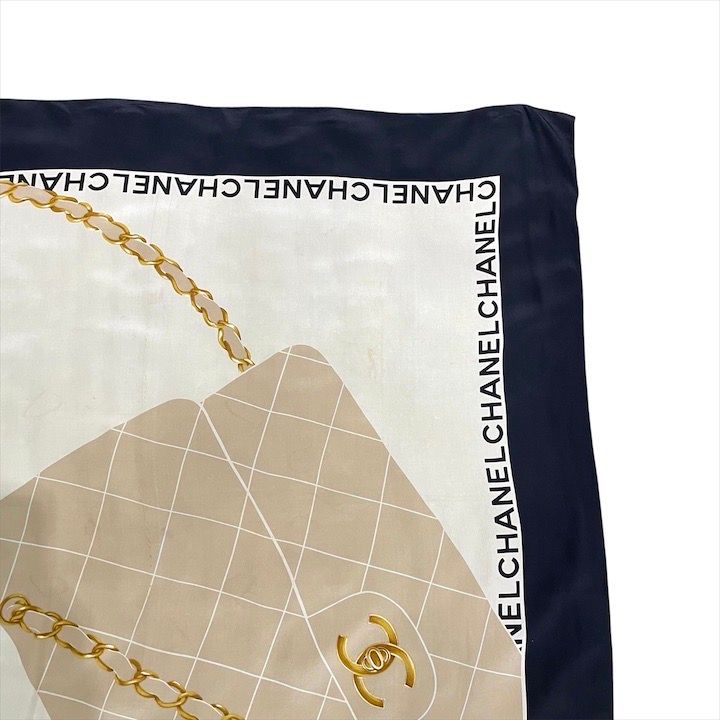 Chanel CC Logo Quilted Scarf Silk Black Beige Large