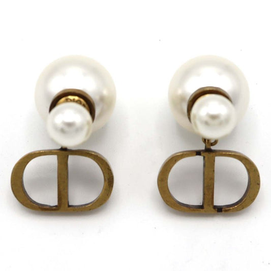 Christian DIOR Earrings Tribal Pearl CD Logo Antique Gold Color 11.7g Accessorie
