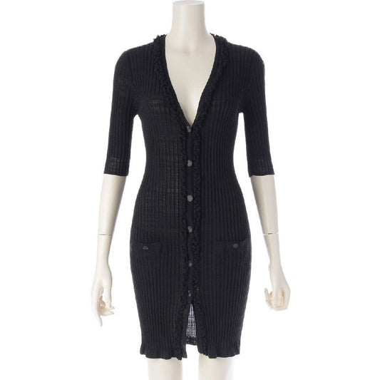 CHANEL 09P Coco Cotton Rib Knit Mini Dress Cardigan Black 36