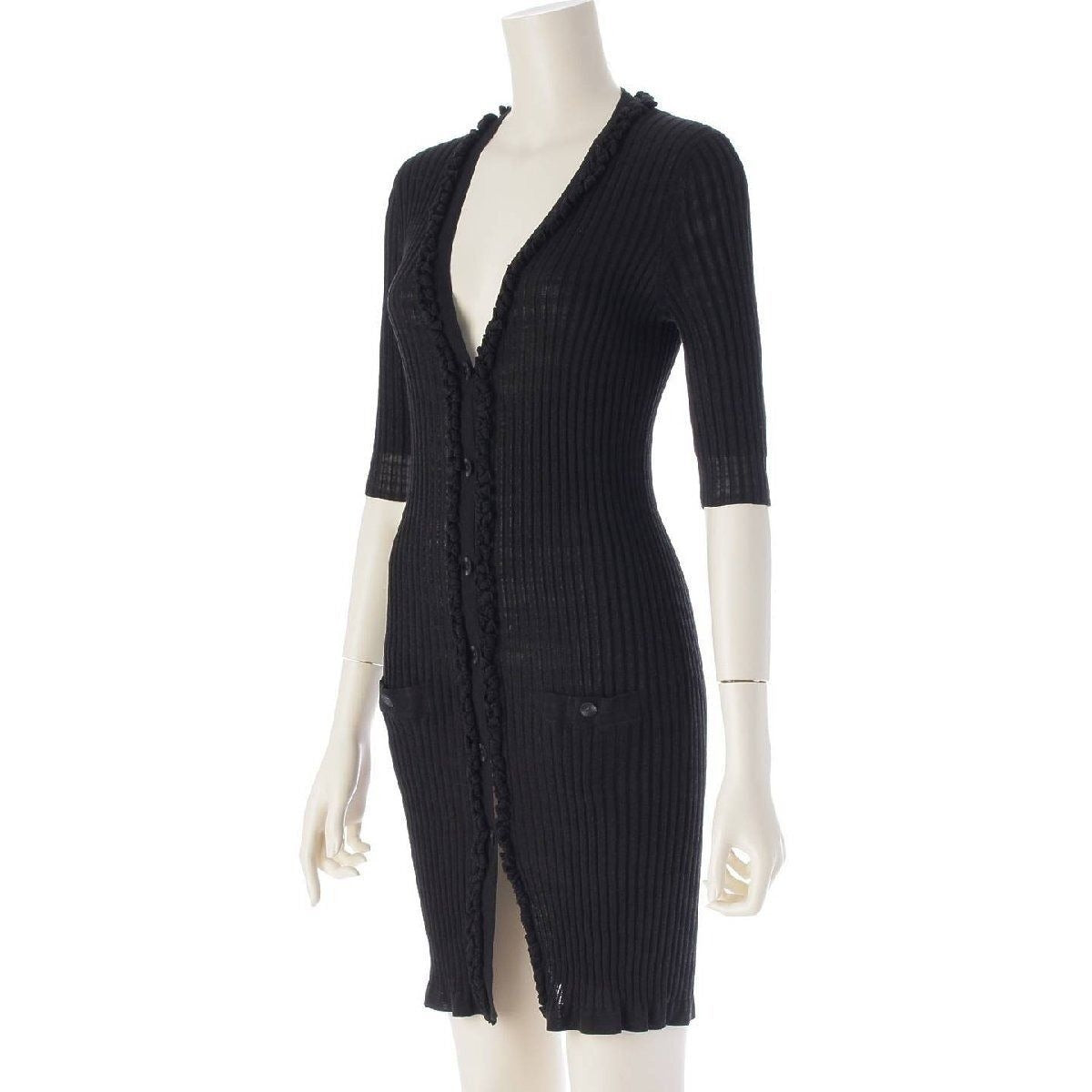 CHANEL 09P Coco Cotton Rib Knit Mini Dress Cardigan Black 36