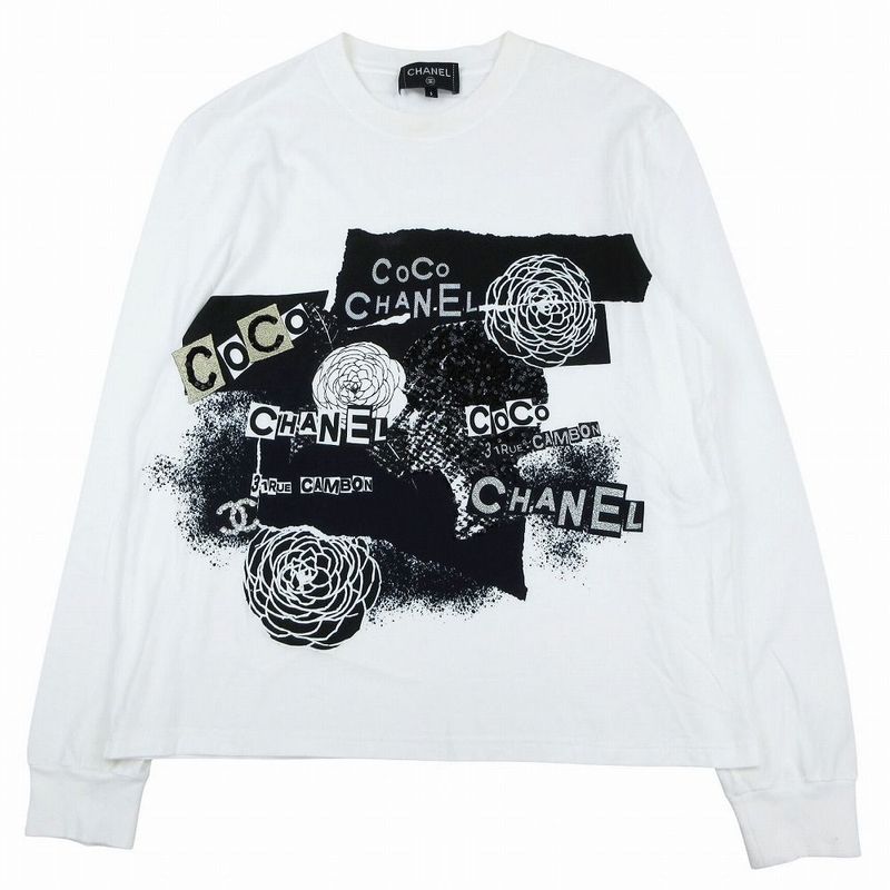 Chanel 20p Long T-Shirt Women's S White Cotton Coco Mark Camellia Long Sleeves