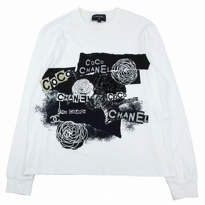 Chanel 20p Long T-Shirt Women's S White Cotton Coco Mark Camellia Long Sleeves