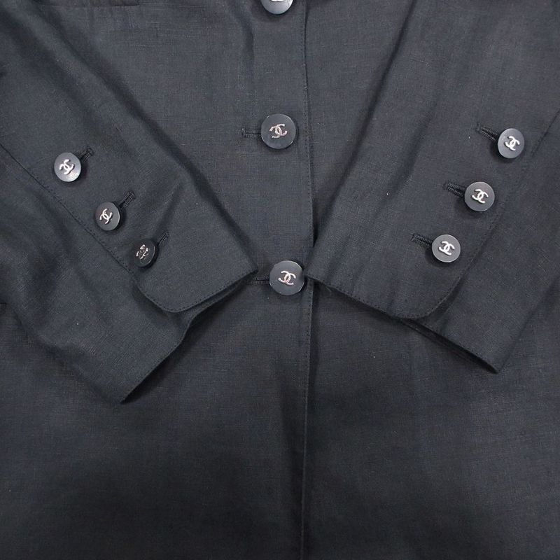 Chanel Coco Button 96p Linen Tailored Jacket Peaked Lapel Size M Ladies Black