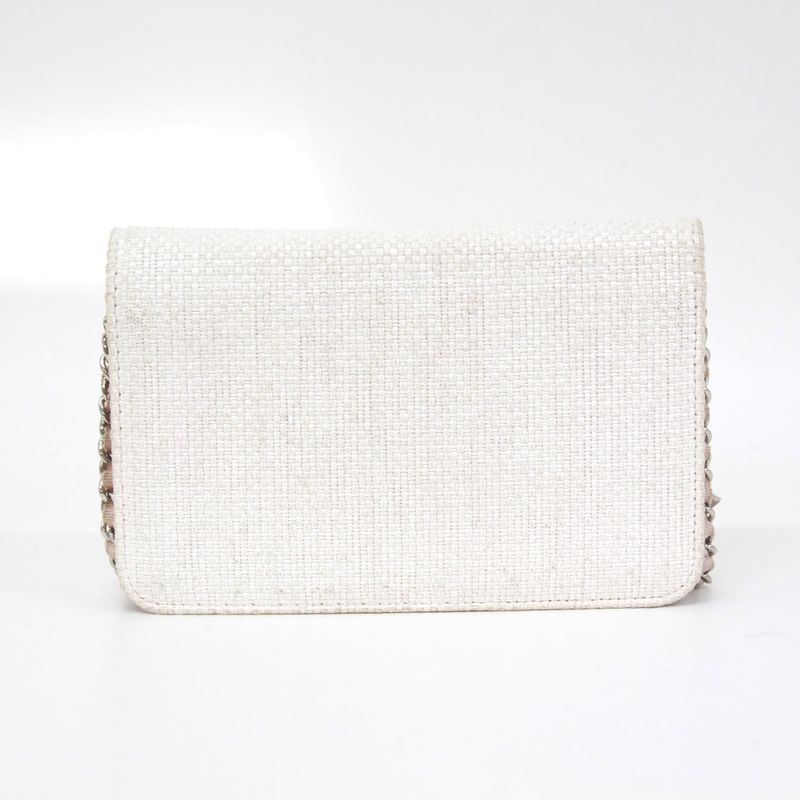 Chanel Deauville Chain Wallet Leather X Straw Light Pink Shoulder Bag Silver