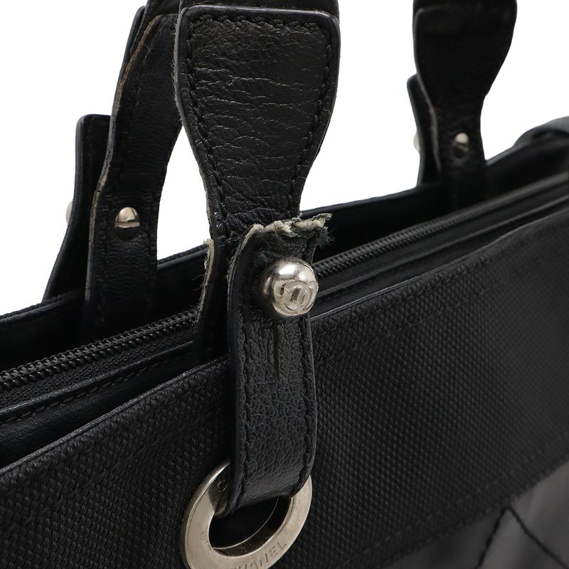 Chanel Paris Biarritz Tote MM Tote Handbag Coated Canvas Black Silver Hardware
