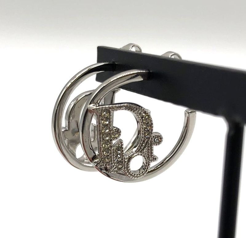 Dior Christian Dior Rhinestone Hoop Earrings Silver Ladies Men Fashion Vintage