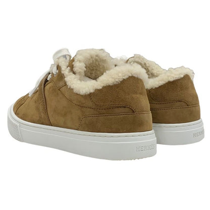 Hermes Day Sneakers Shoes Kelly Hardware Suede Mouton Boa Brown