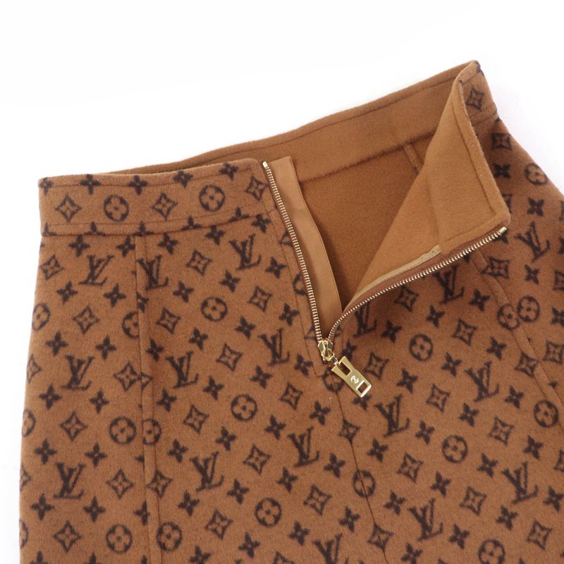 Louis Vuitton 22SS Wool Silk Monogram LV Gold Button Trapeze Miniskirt Brown 40