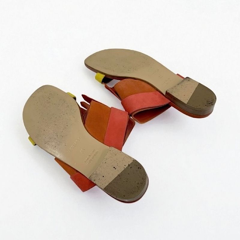 Hermes Coralia Sandals Shoes Suede Red Orange Yellow Flat Mule Hhardware Fringe