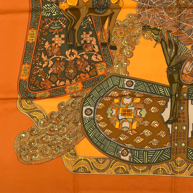 Hermes Carre 90 ART Des Steppes Step Art Horse Scarf Silk Orange