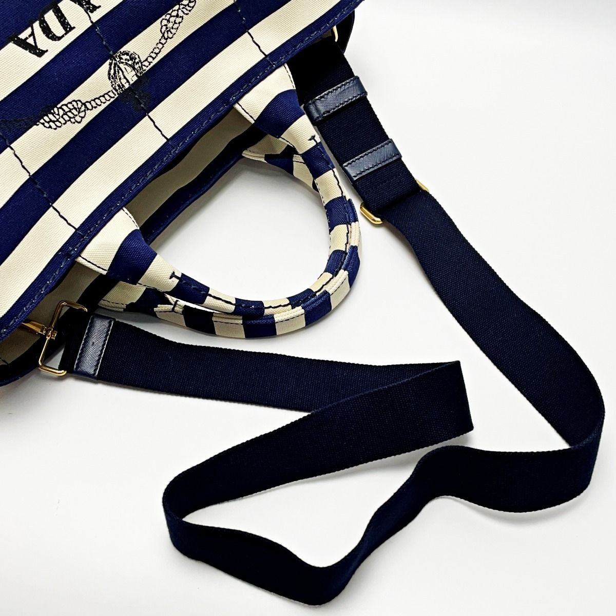 Prada Canapa B2642b Navy X Ivory Shoulder Bag Tote Bag Canvas Women's