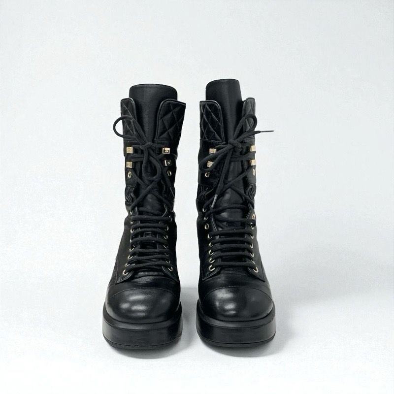 Chanel Boots Short Boots Shoes Leather Black Here Mark Matelasse Lace Up Middle