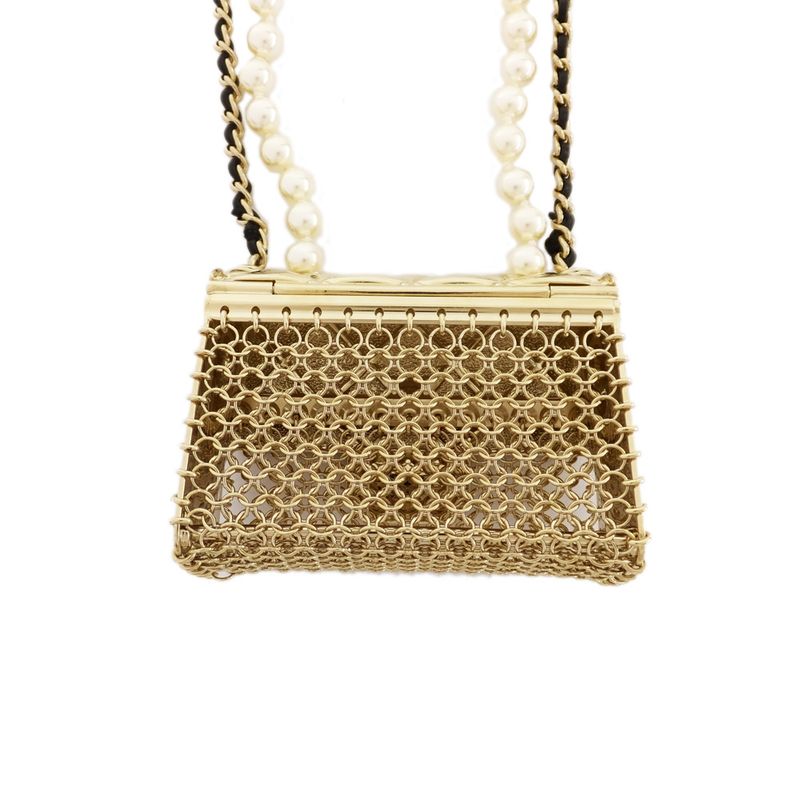 Chanel Necklace Mini Matelasse Bag Motif Coco Mark Fake Pearl Gold