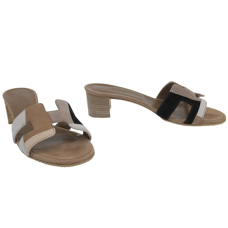 With Box Hermes Current Tag Oazis Pastel Patchwork Suede Leather Mules Sandals