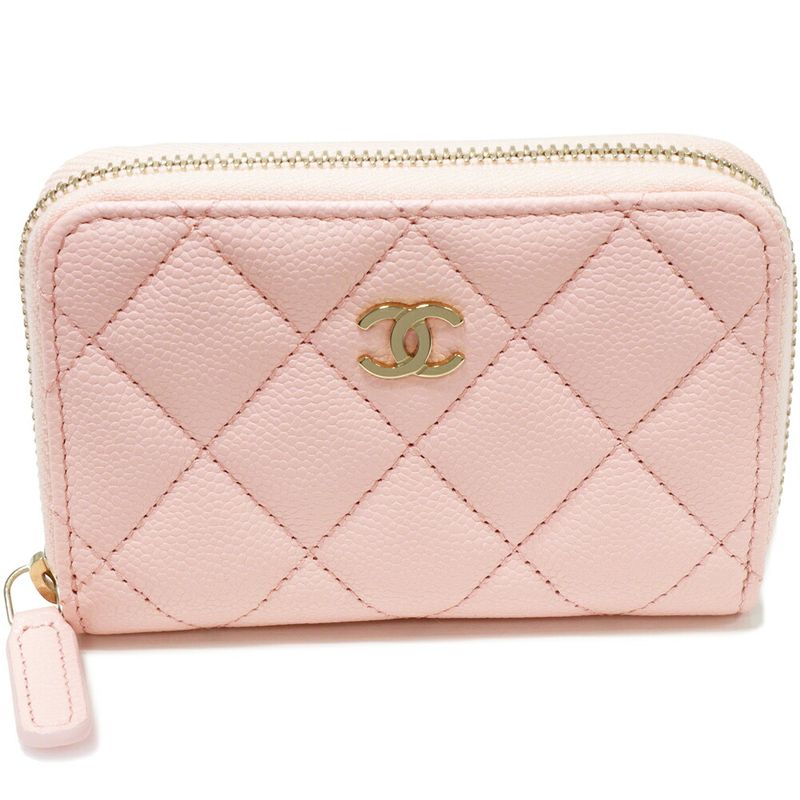 Chanel Coin Case Matelasse Classic Zip Coin Purse Caviar Skin Pink Gold