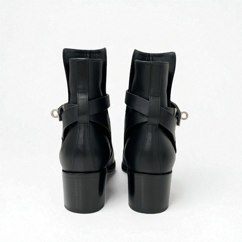 Hermes Frenchie Boots Short Shoes Leather Black Silver Kelly Hardware