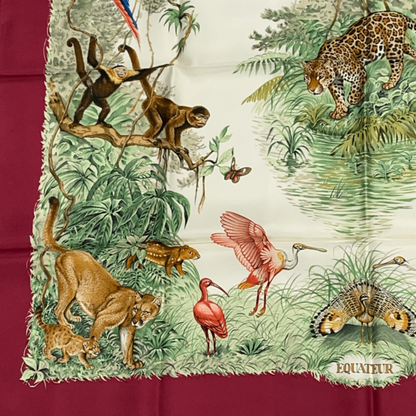 Hermes Scarf Carre 90 Equateur Equatorial Animals Birds All Over Silk Red