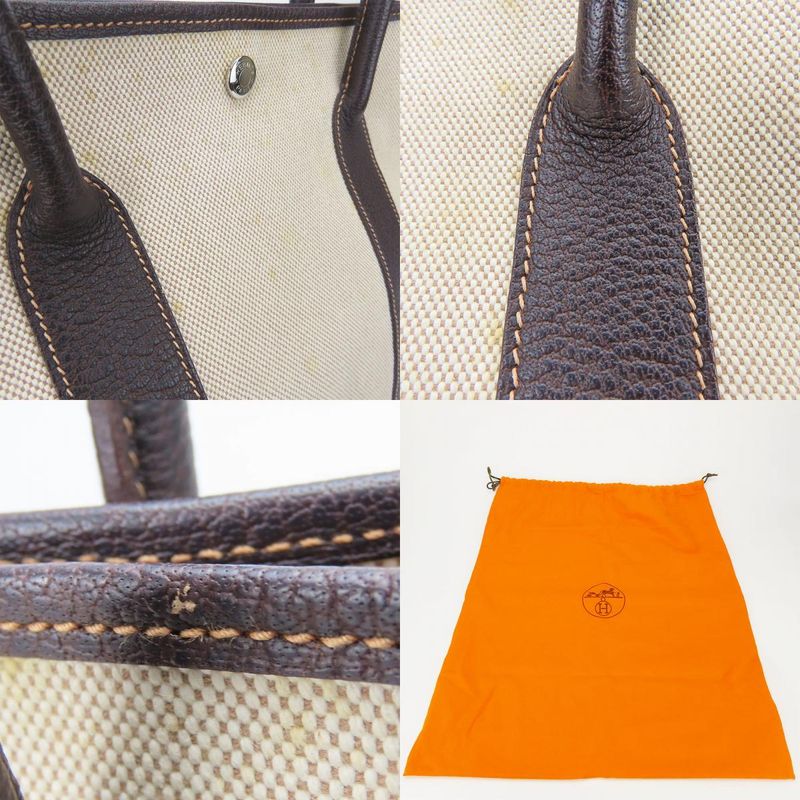 Hermes Handbag Garden Party PM Canvas Leather Beige Dark Brown Silver Hardware