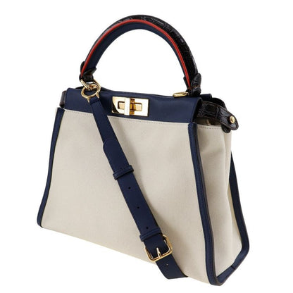Fendi Peekaboo 2WAY Shoulder 8bn290 Canvas And Calf White/navy Blue Ladies
