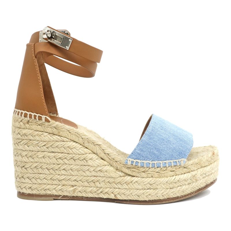 Hermes Espadrilles Tivoli Wedge Sole Sandals Blue Brown 37 Women's